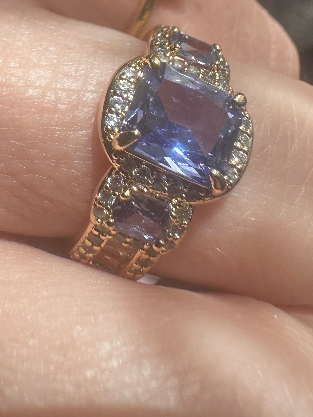 Gold-Plated Purple Crystal Statement Ring Tanzanite look! Sz8